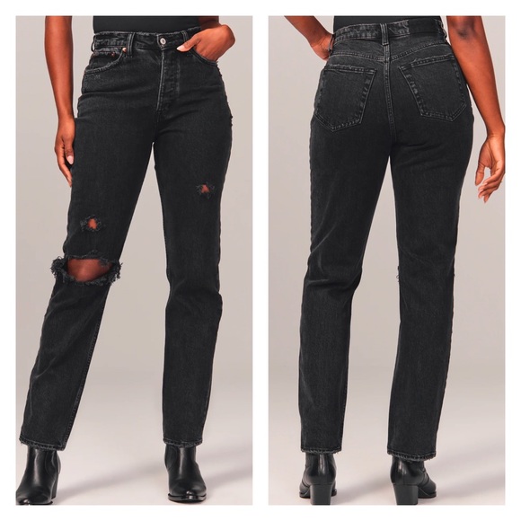 Abercrombie & Fitch Denim - [Abercrombie & Fitch] Curve Love High Rise Dad Jean Ripped Black Wash 24 S